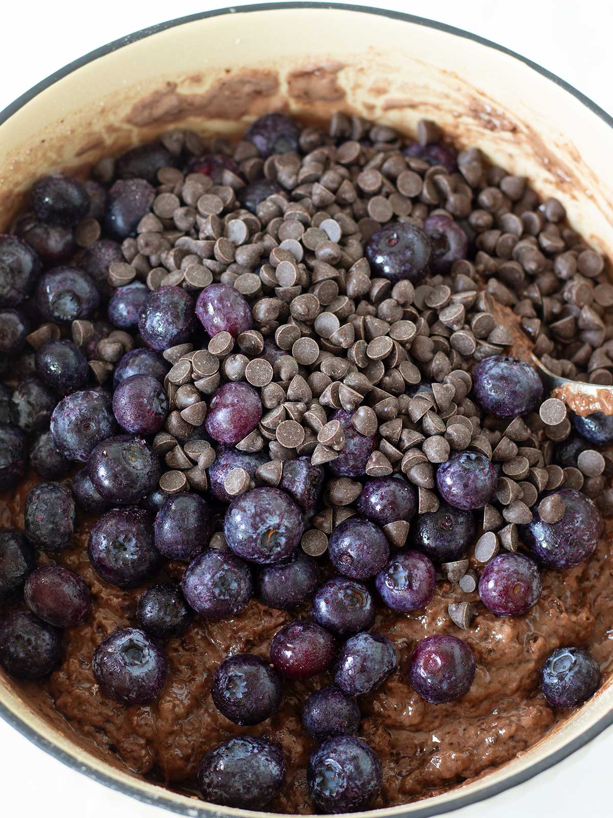 Blueberry chocolate muffins batter.