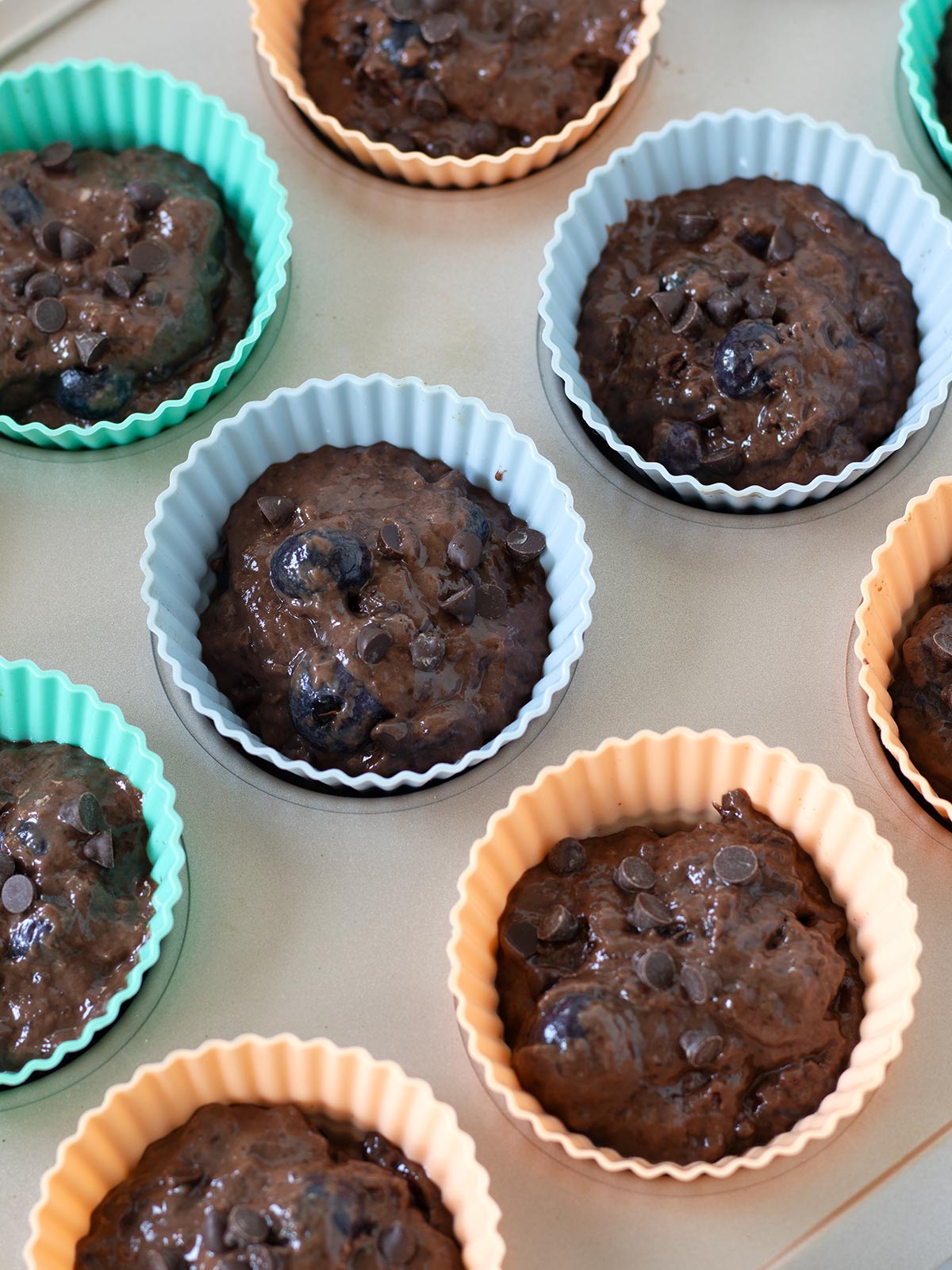 Blueberry chocolate muffins prepared for baking.