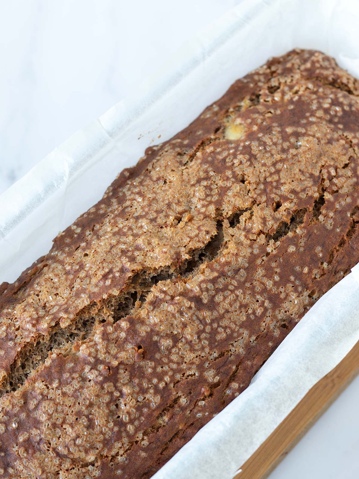 Freshly baked buckwheat flour banana bread.