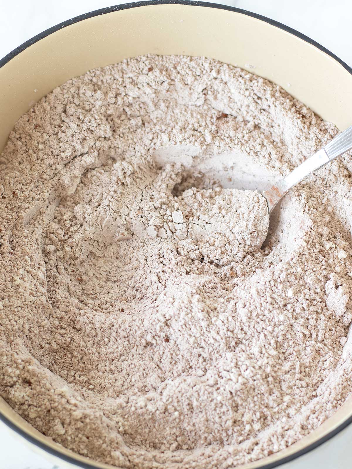 Dry ingredients for blueberry chocolate muffins.