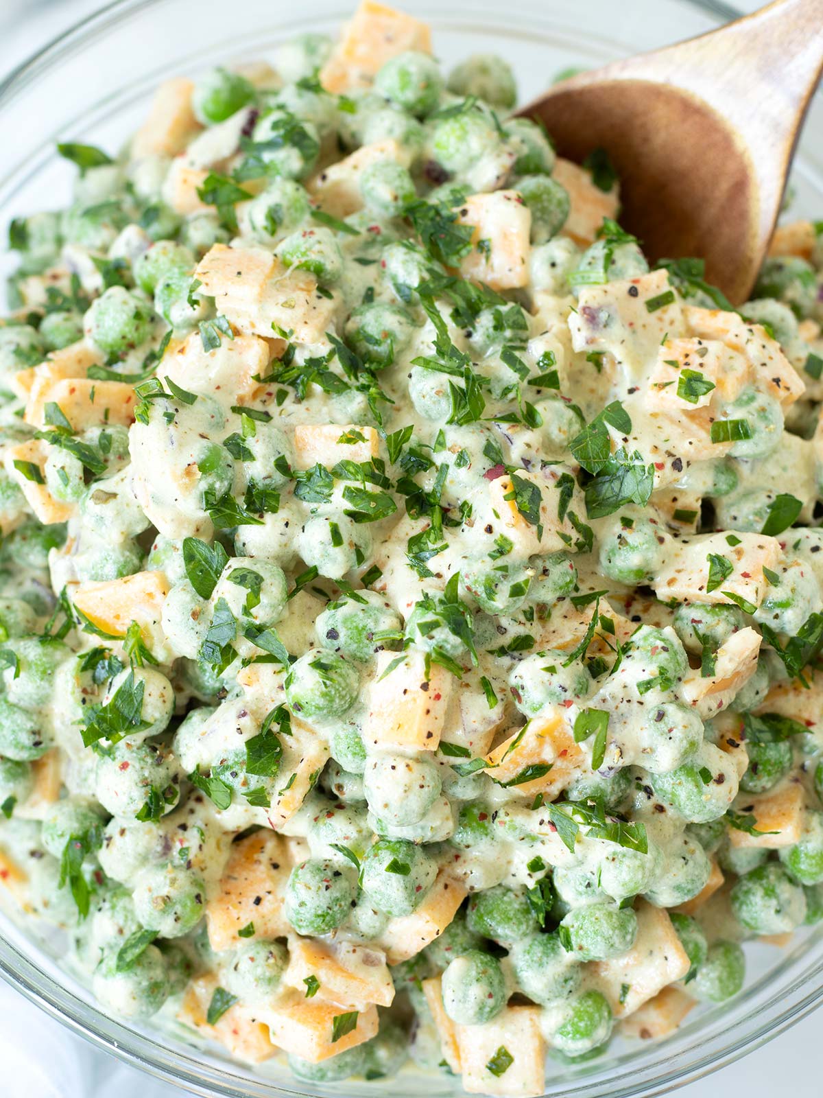 Green pea salad with cheddar cheese (no mayo).