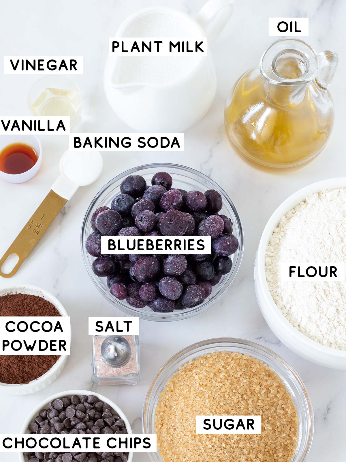 Ingredients for blueberry chocolate muffins.