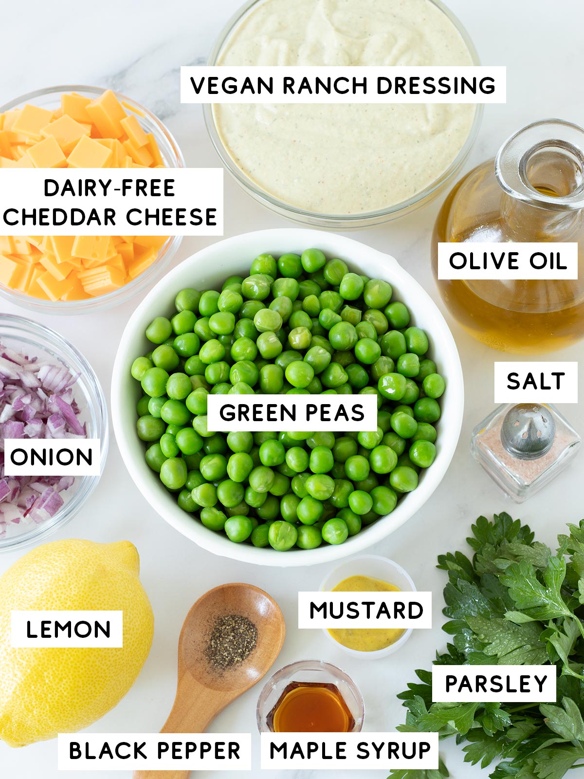 Ingredients for vegan green pea salad with cheddar cheese.