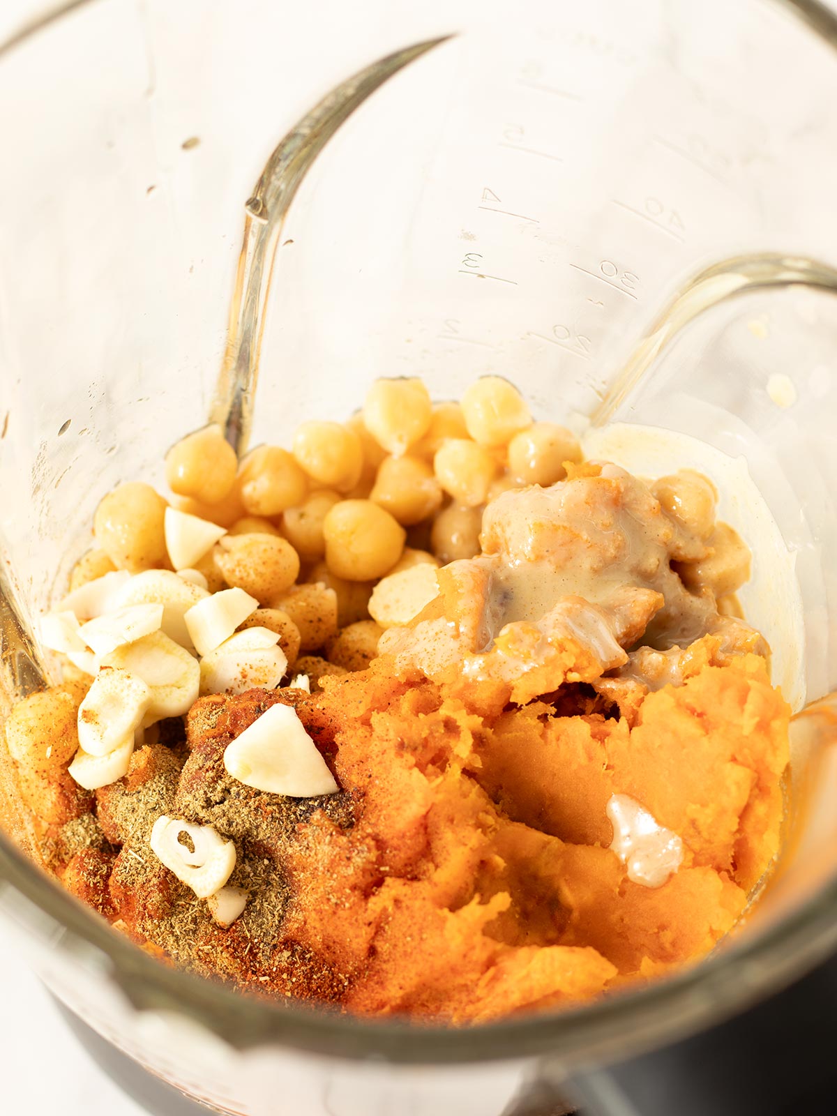 Sweet potato hummus ingredients in blender.