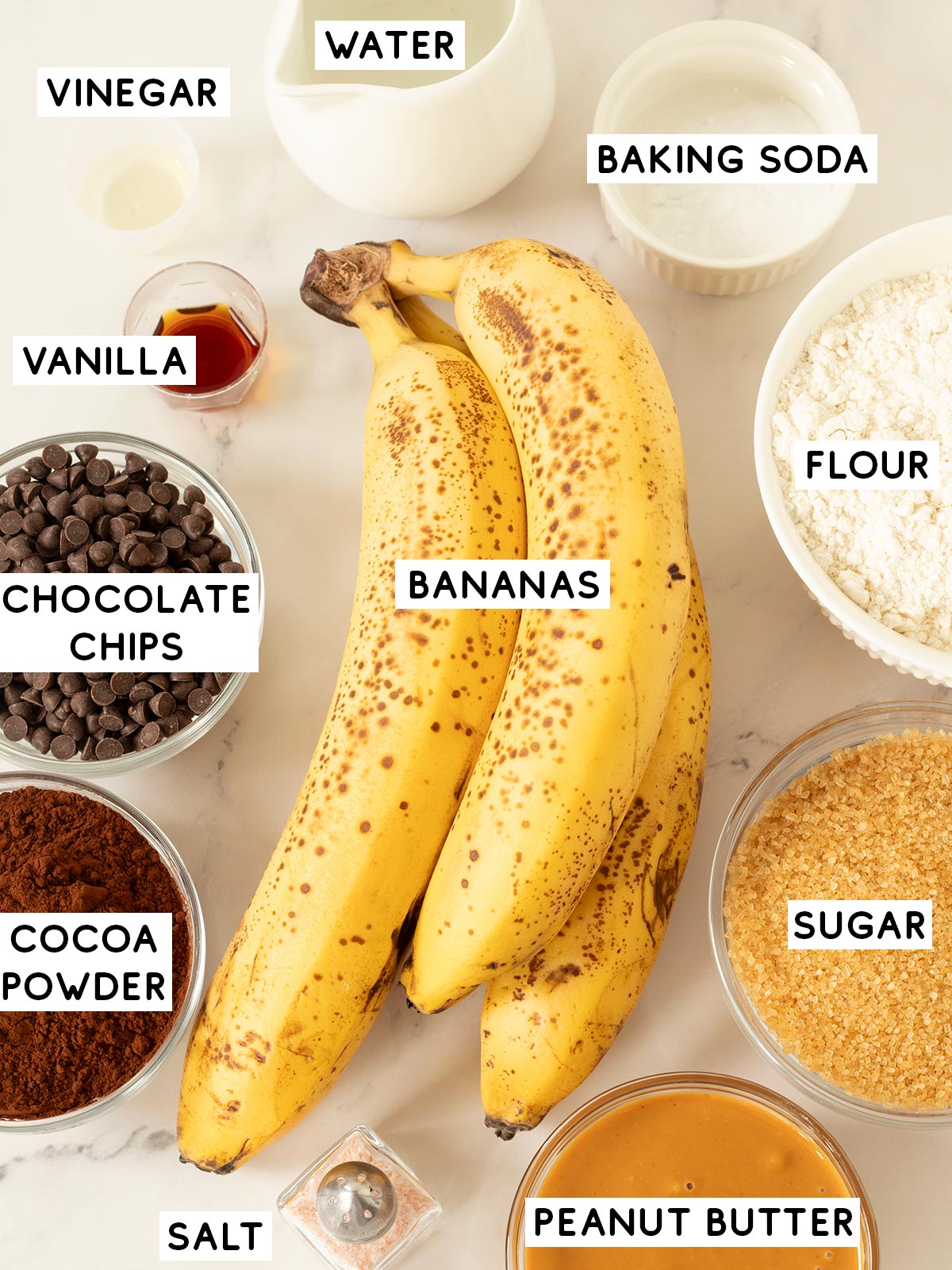 Ingredients for chocolate banana cake.