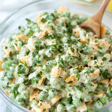 Vegan green pea salad with cheddar cheese (no mayo).