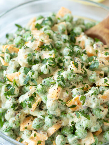 Vegan green pea salad with cheddar cheese (no mayo).