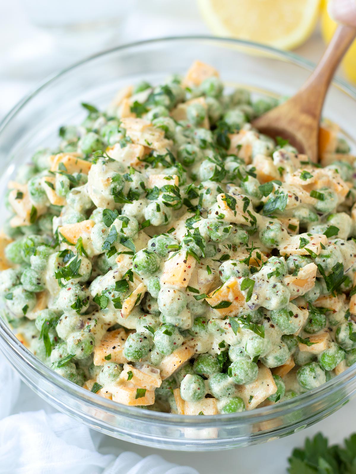 Vegan green pea salad with cheddar cheese (no mayo).