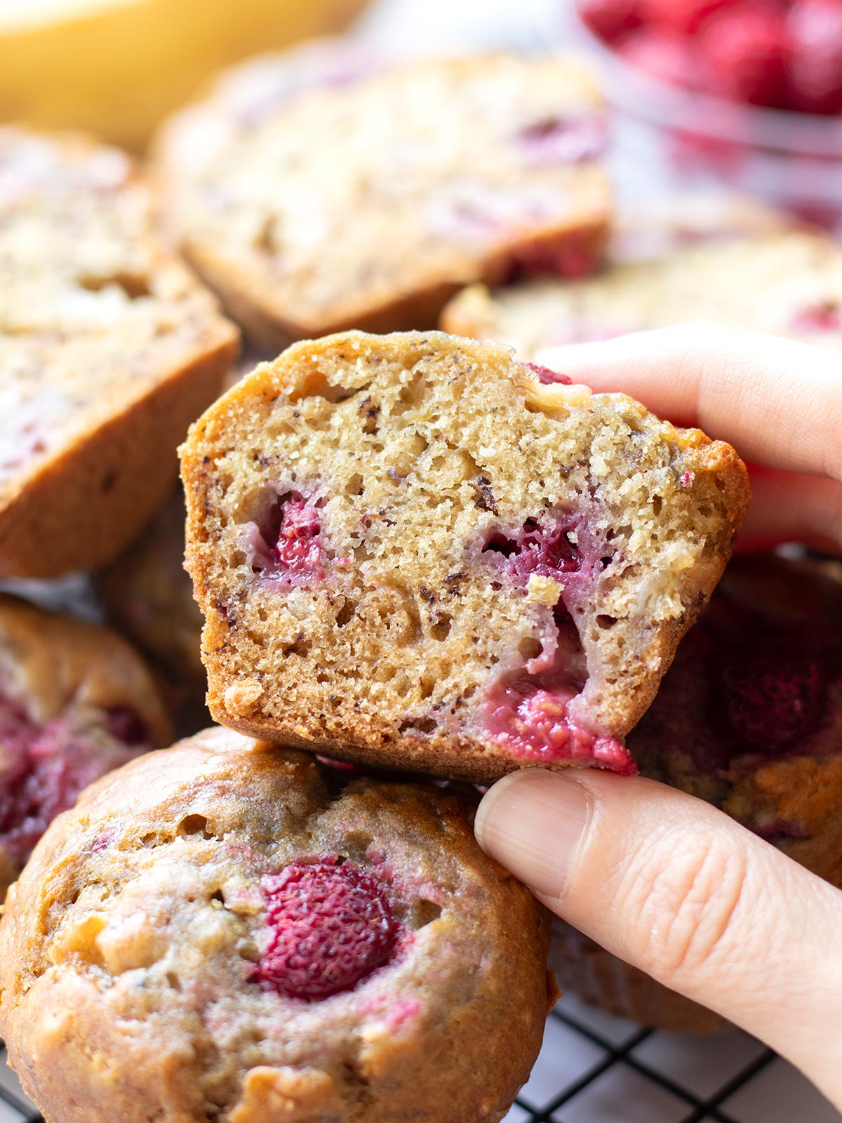 Vegan raspberry banana muffins.