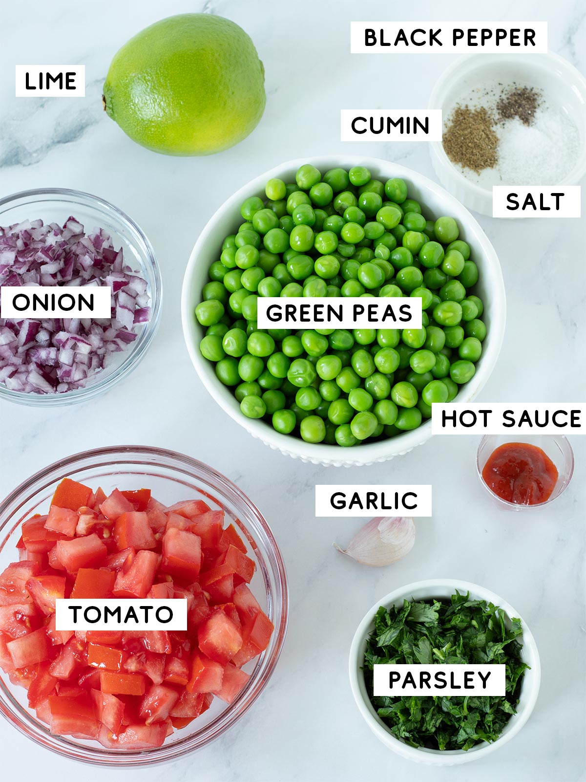 Green pea guacamole ingredients.