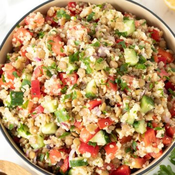 High-protein lentil quinoa salad (vegan).