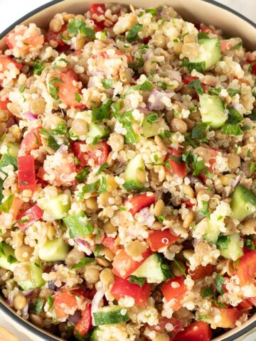High-protein lentil quinoa salad (vegan).
