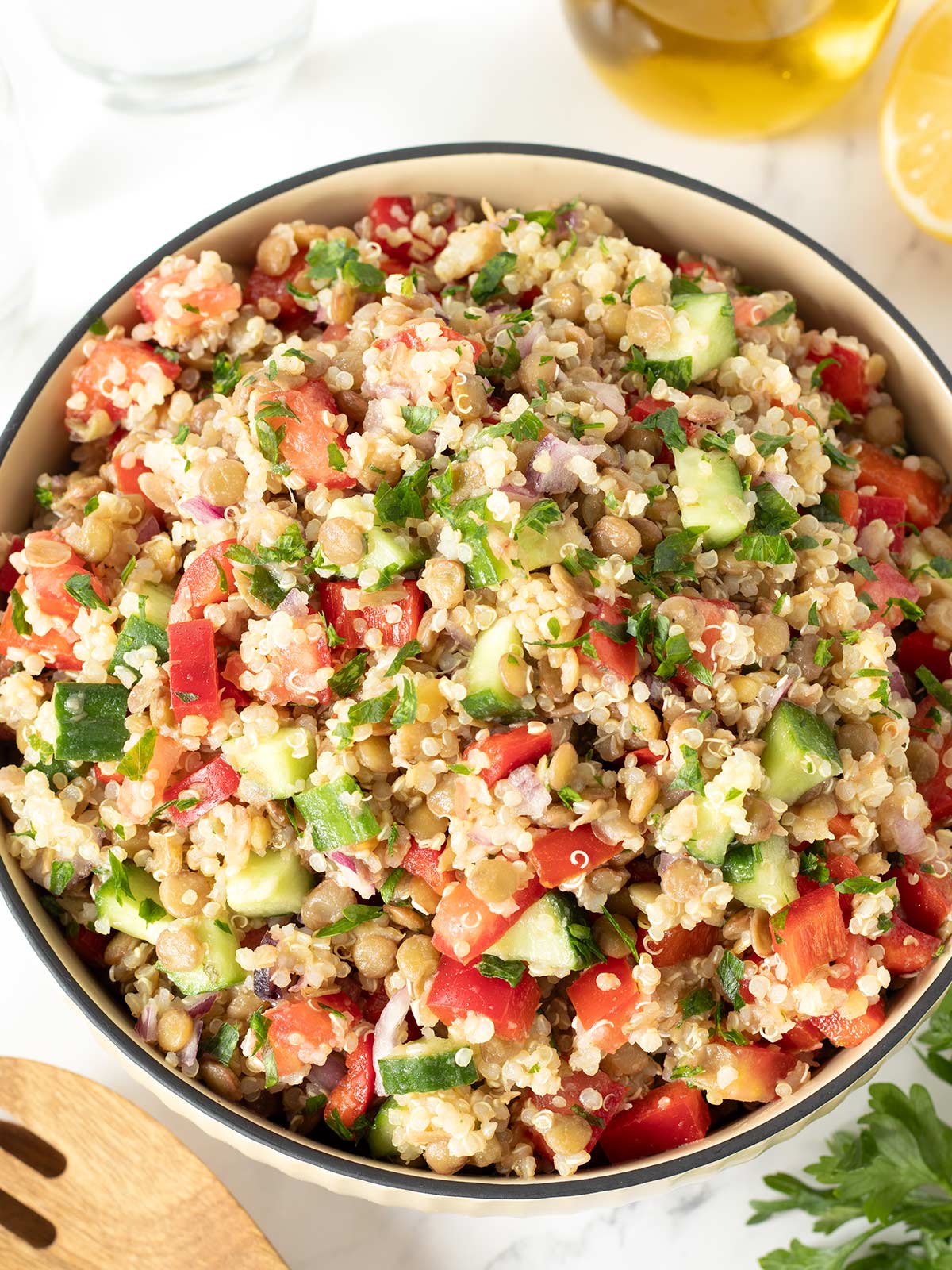 High-protein lentil quinoa salad (vegan).