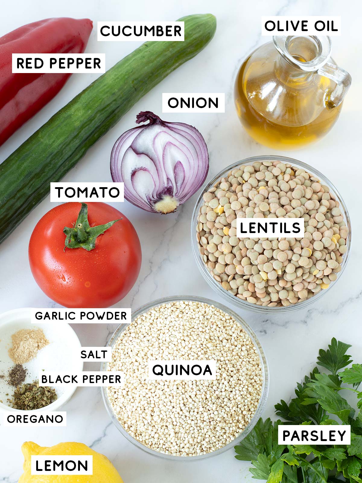 Ingredients for lentil quinoa salad.