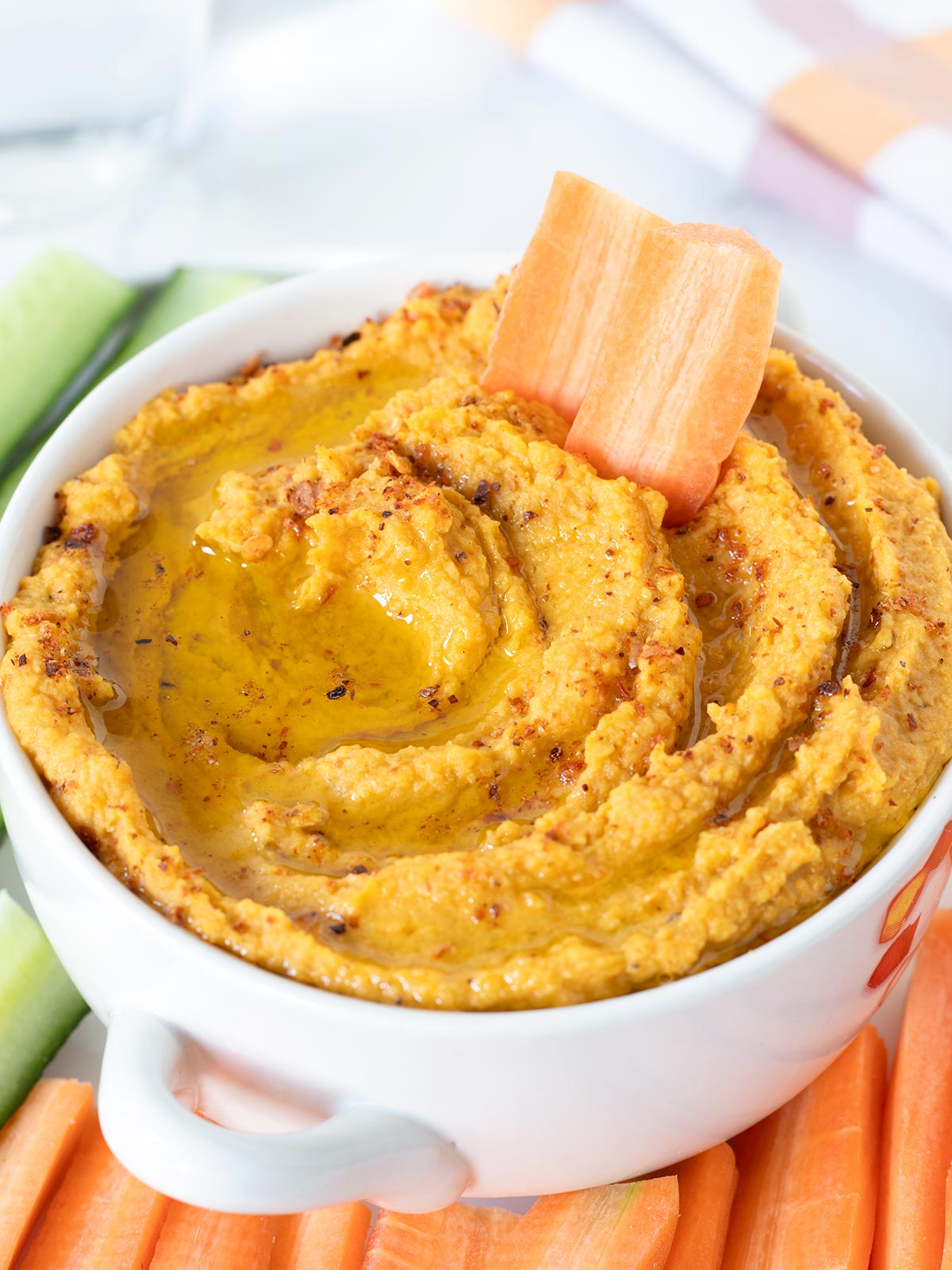 Roasted carrot hummus dip.
