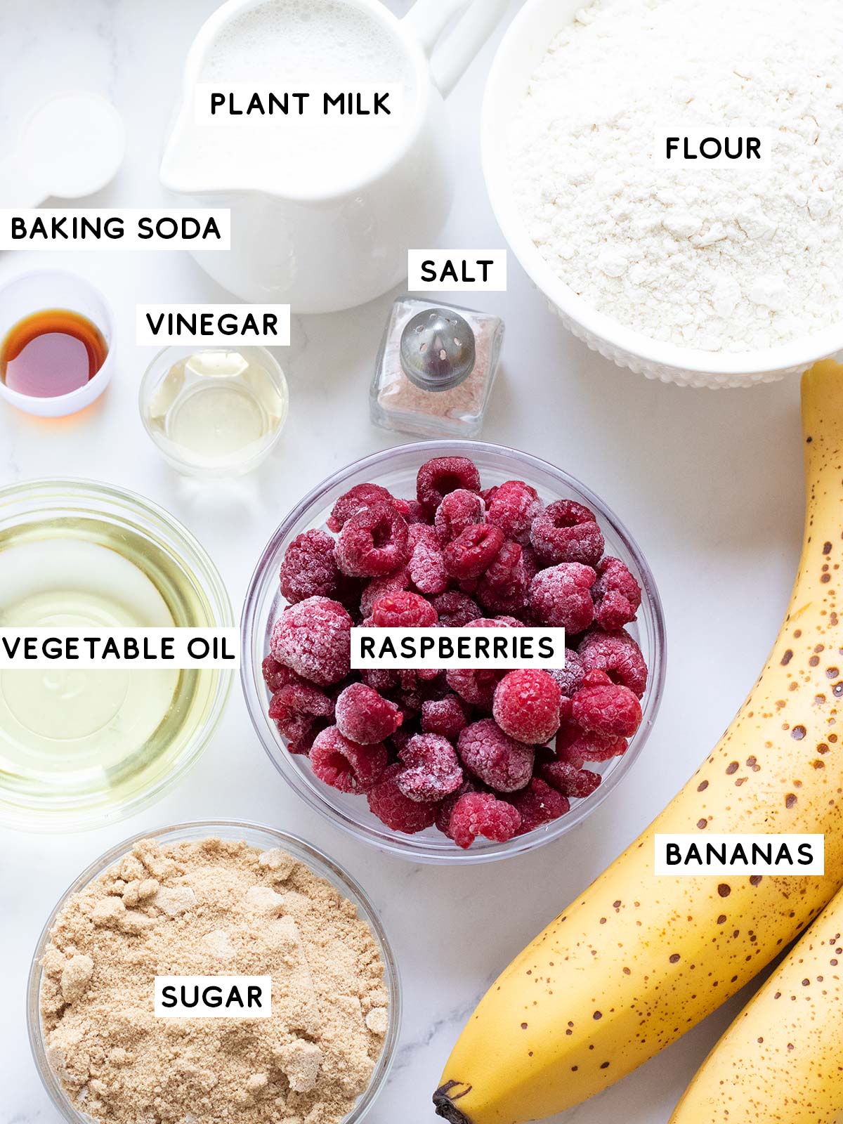 Ingredients for vegan banana raspberry muffins.