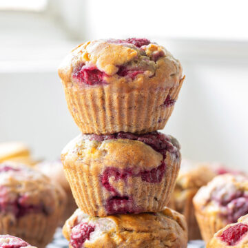Vegan banana raspberry muffins.