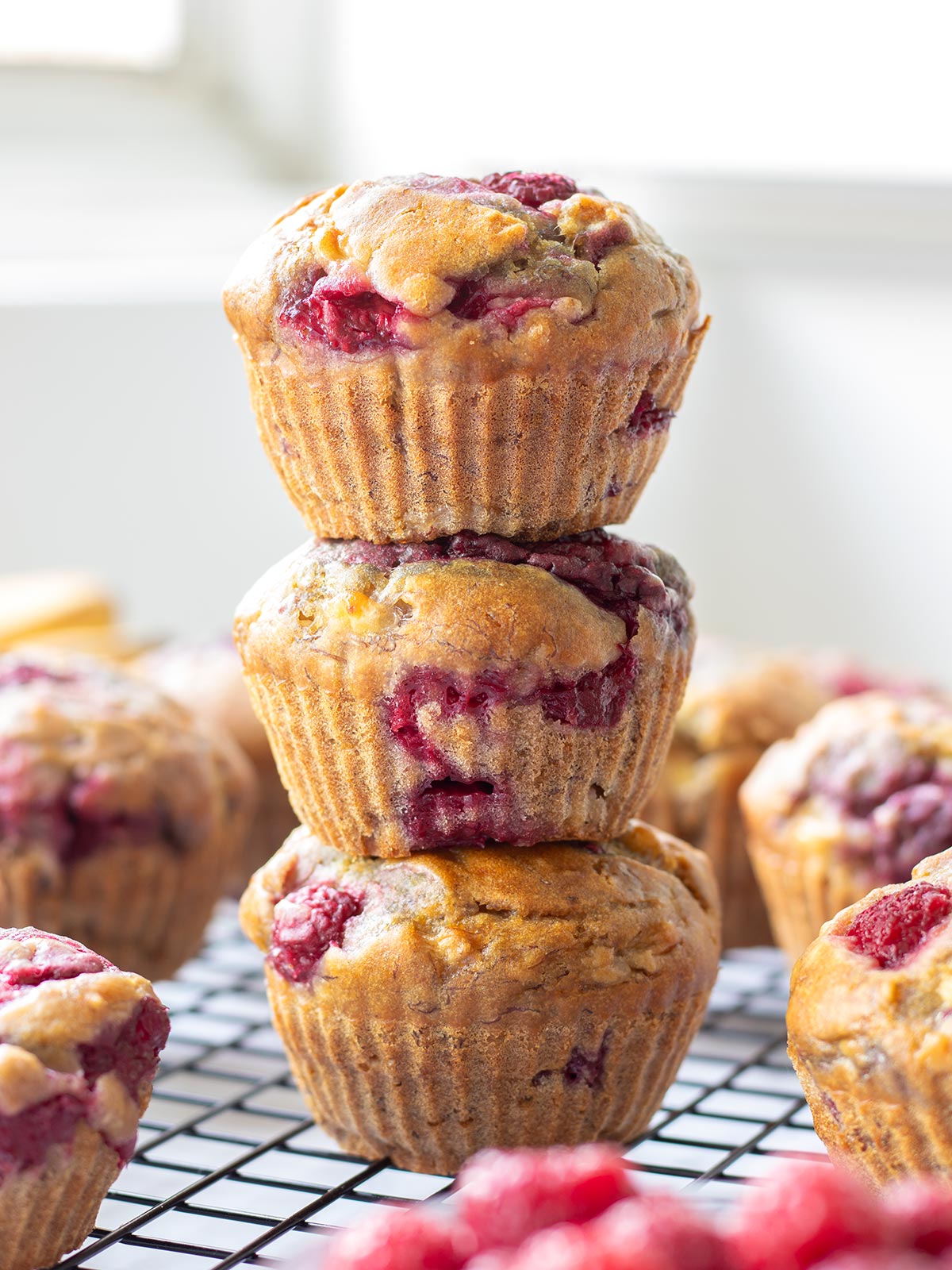 Vegan banana raspberry muffins.