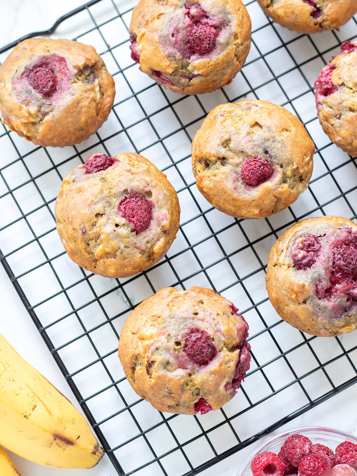 Moist banana raspberry muffins.
