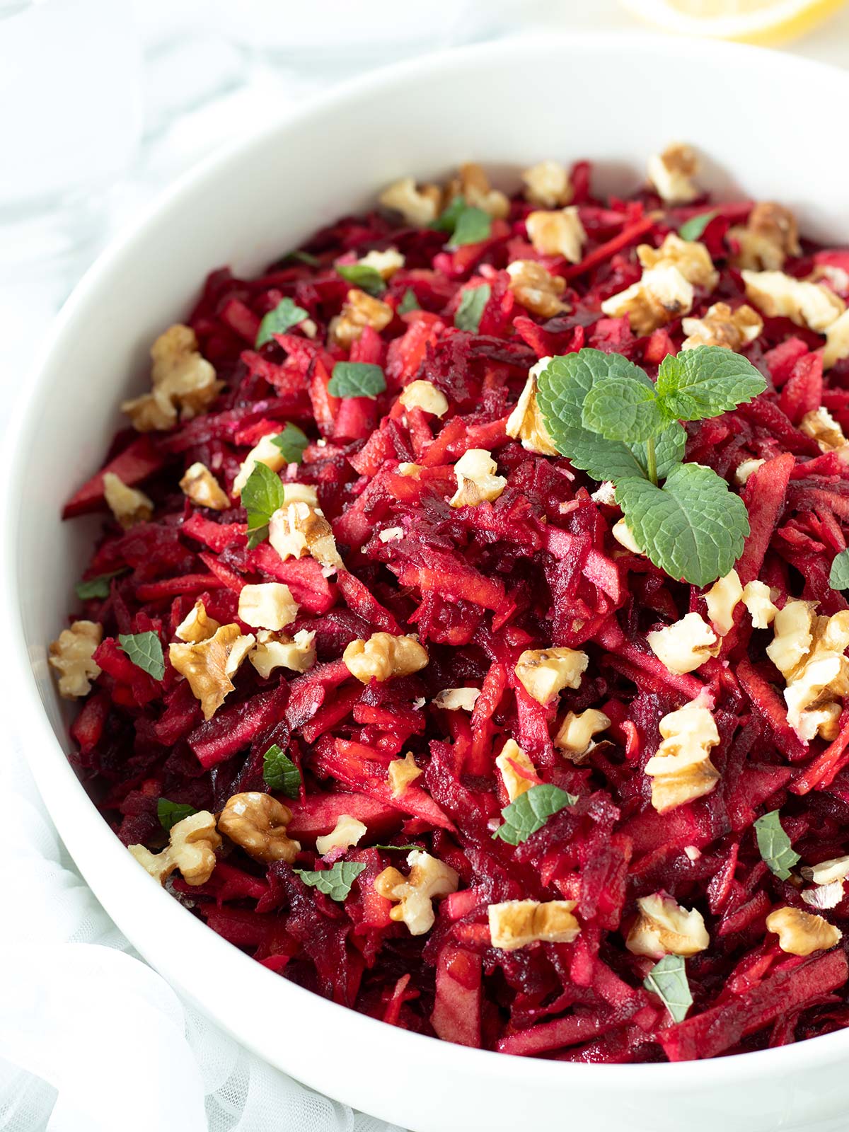 Raw beetroot carrot apple walnut salad.