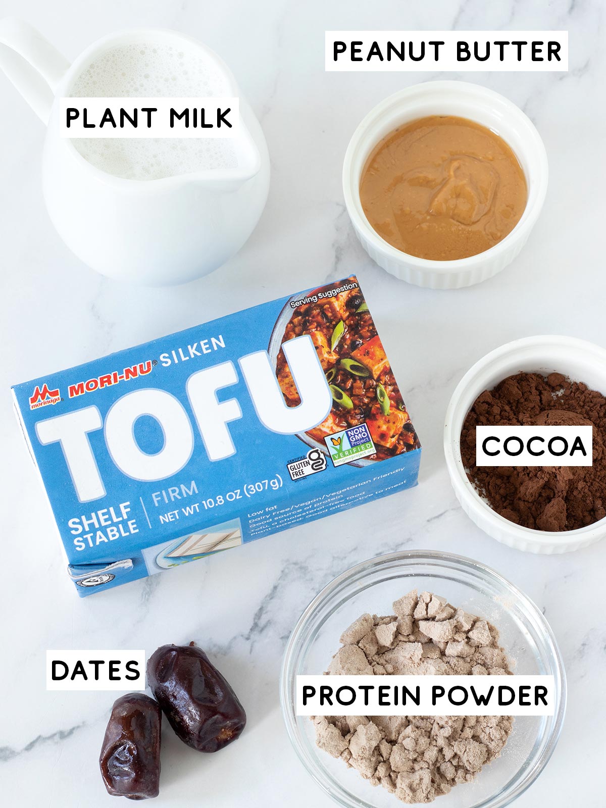 Chocolate silken tofu smoothie ingredients.