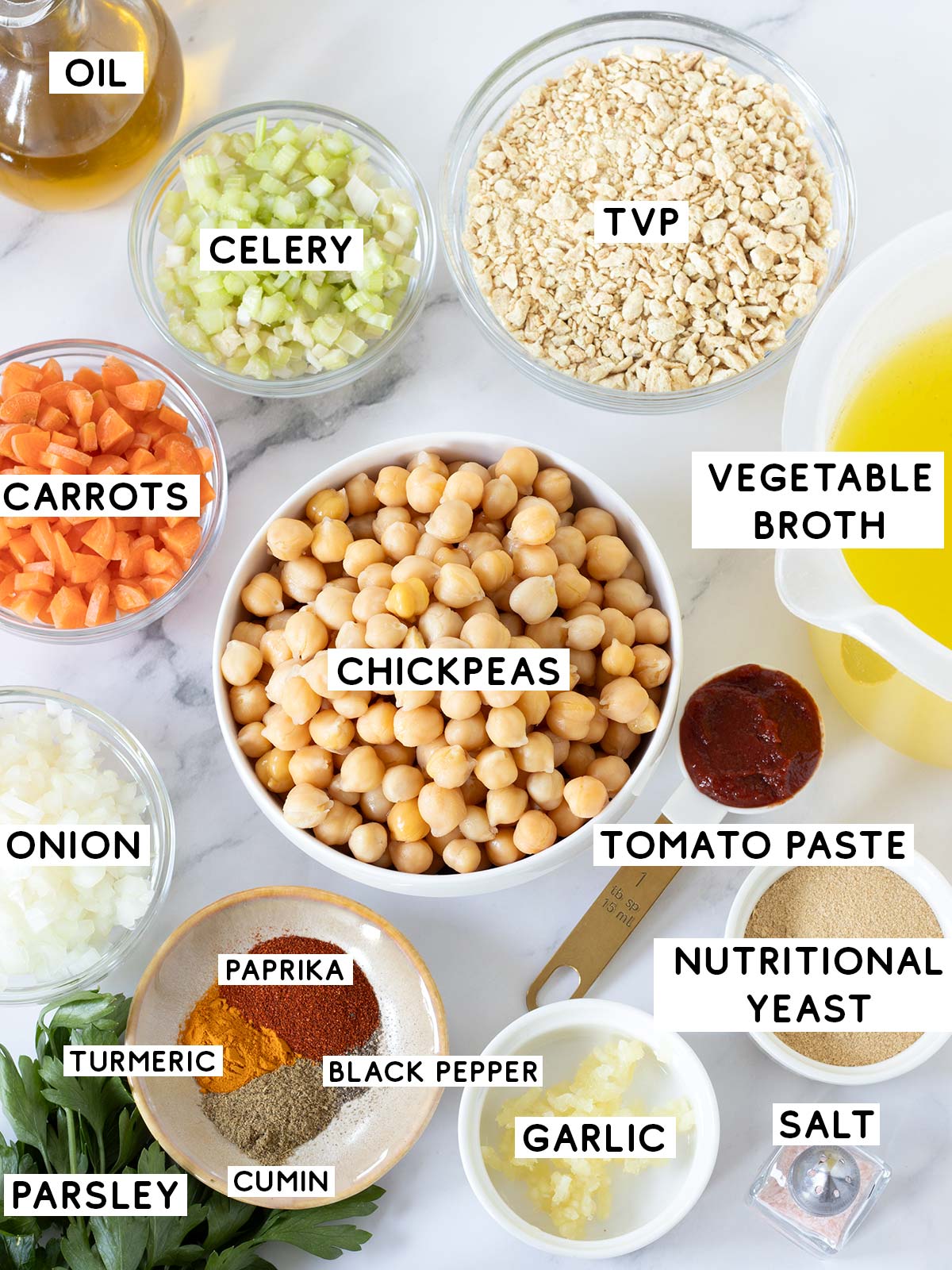 Plant-based ingredients for high-protein chickpea soup.