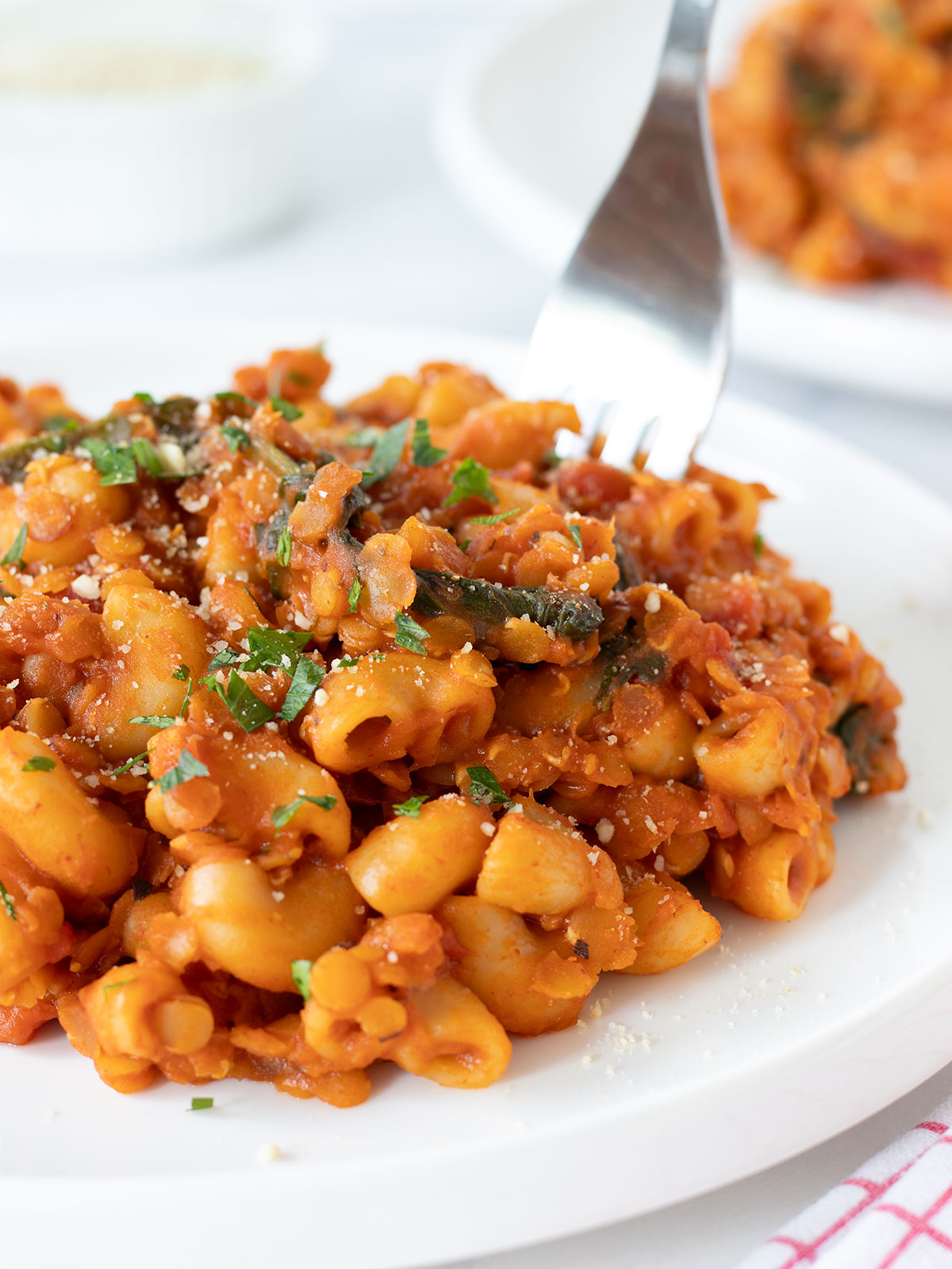 High-protein red lentil pasta.