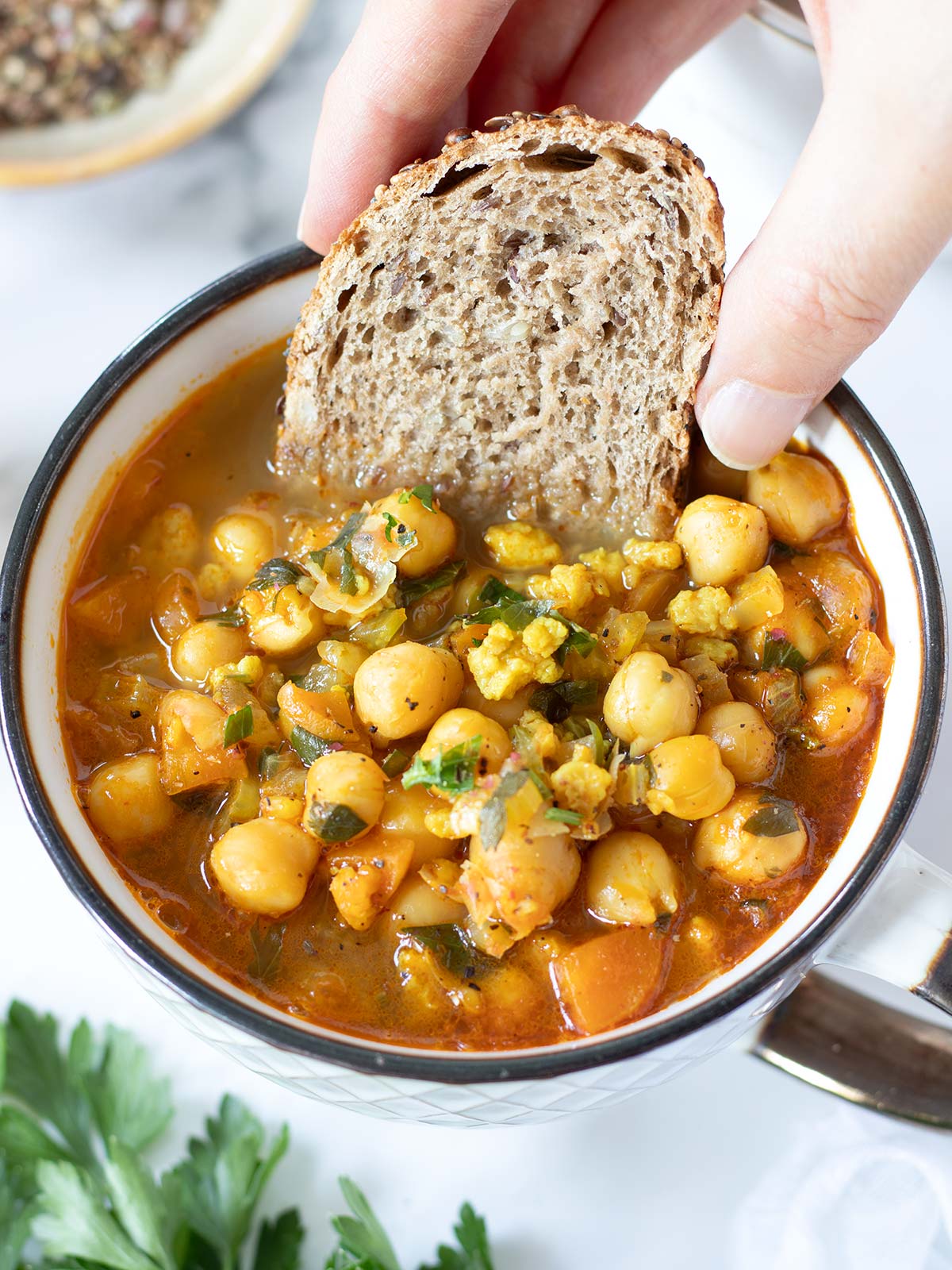 High-protein TVP chickpea soup.