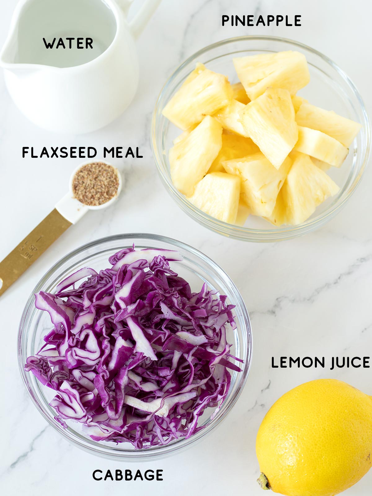 Pineapple red cabbage smoothie ingredients.