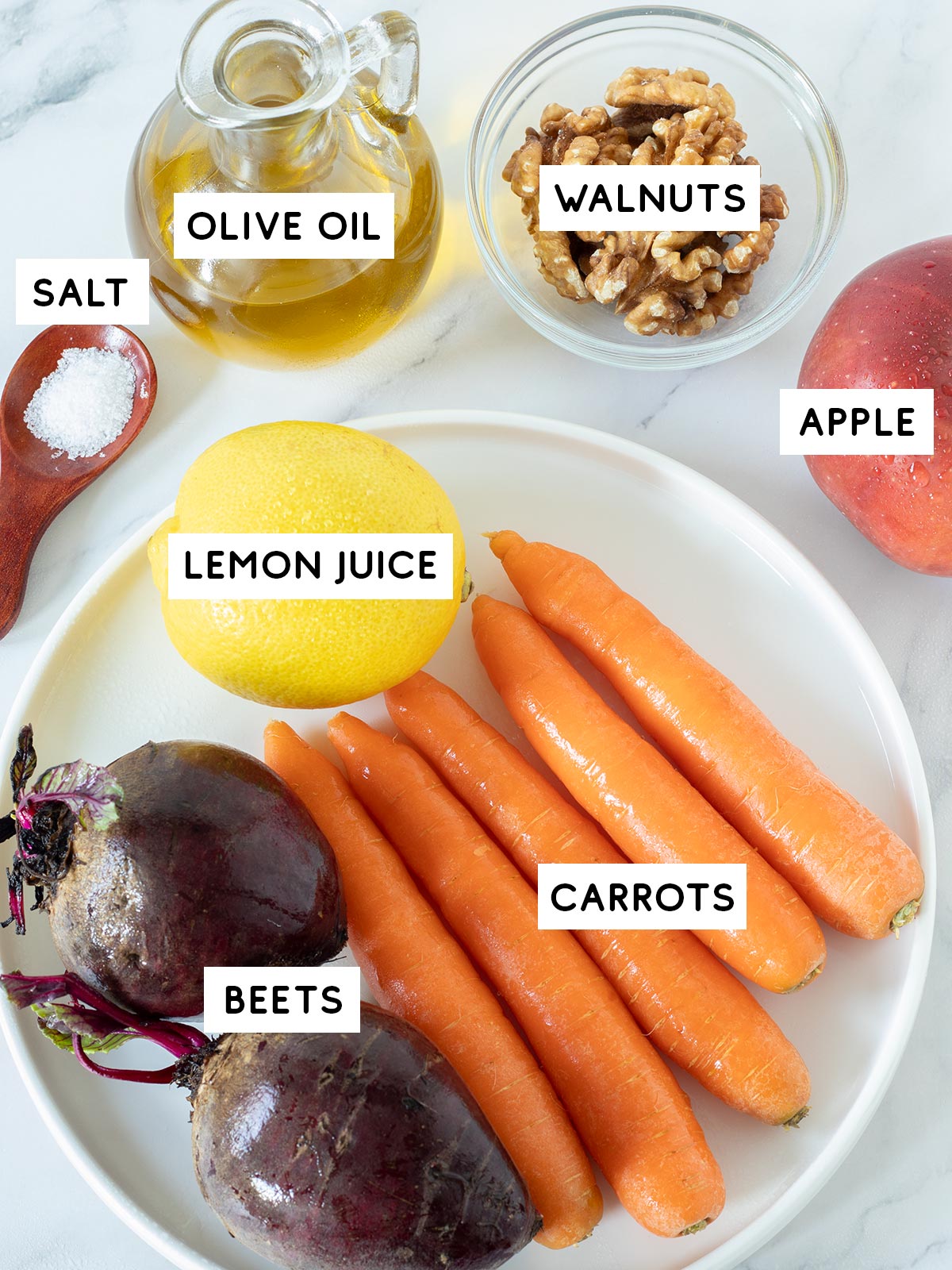 Raw beet carrot apple salad ingredients.