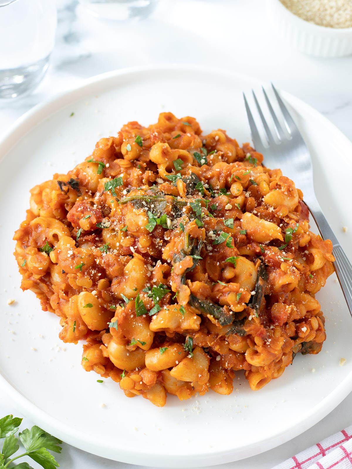 High-protein red lentil pasta recipe.