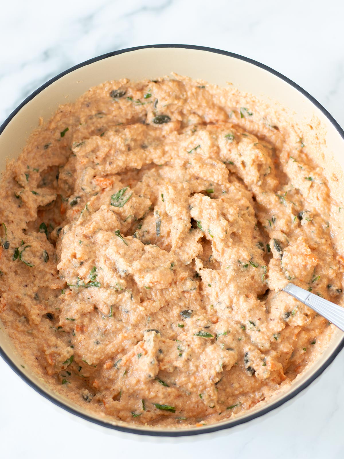 Flourless batter for vegan savory red lentil muffins.