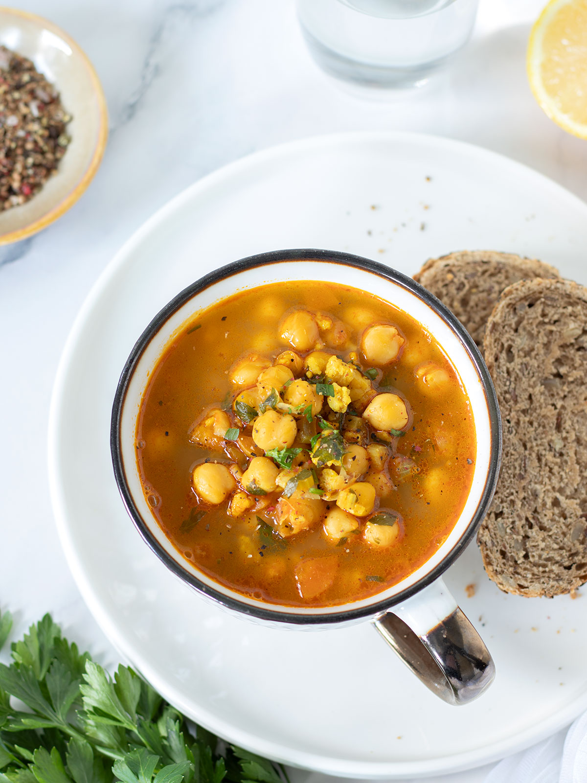 Vegan & high protein chickpea soup with TVP.