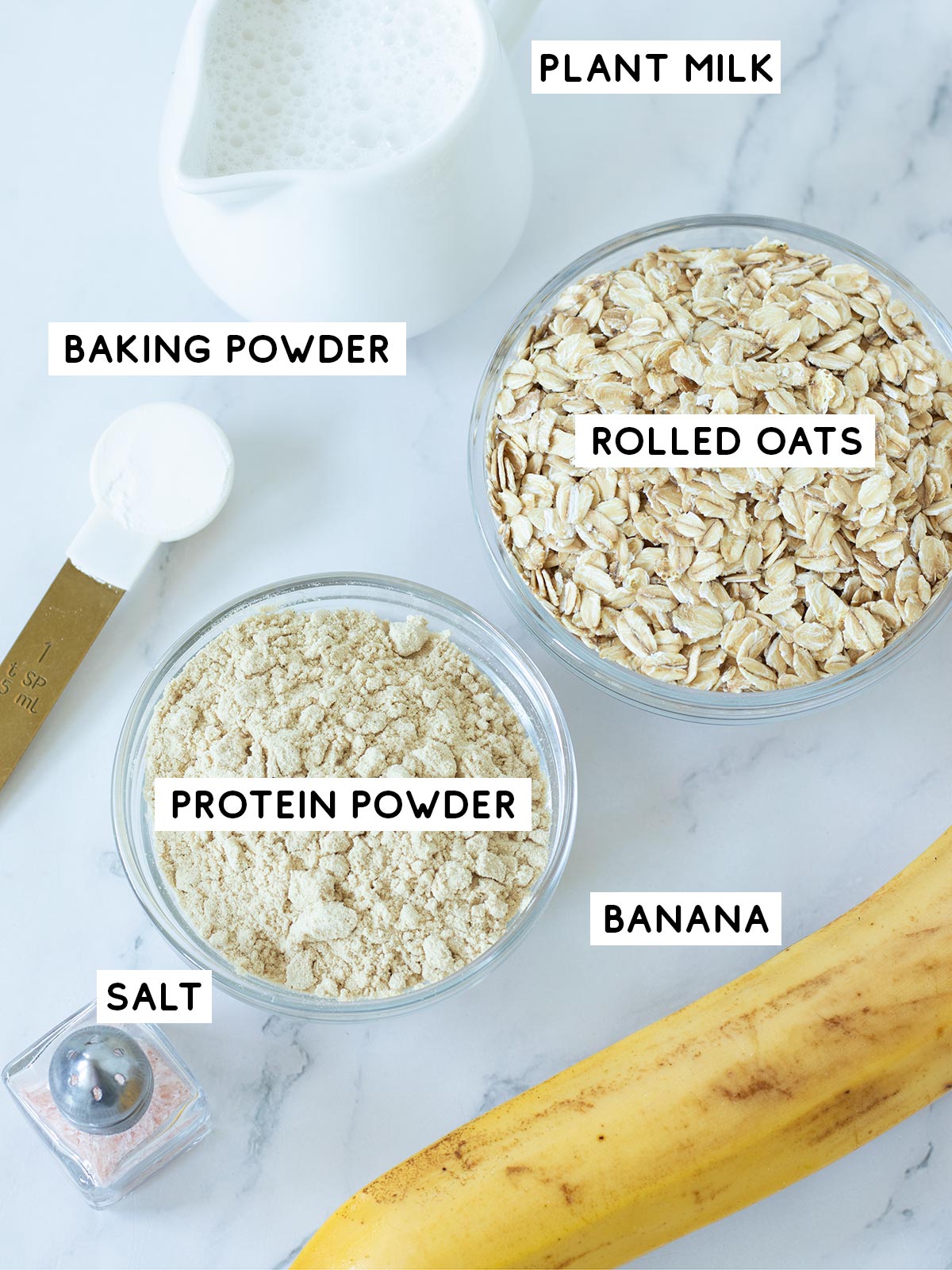 Ingredients for flourless banana protein pancakes.