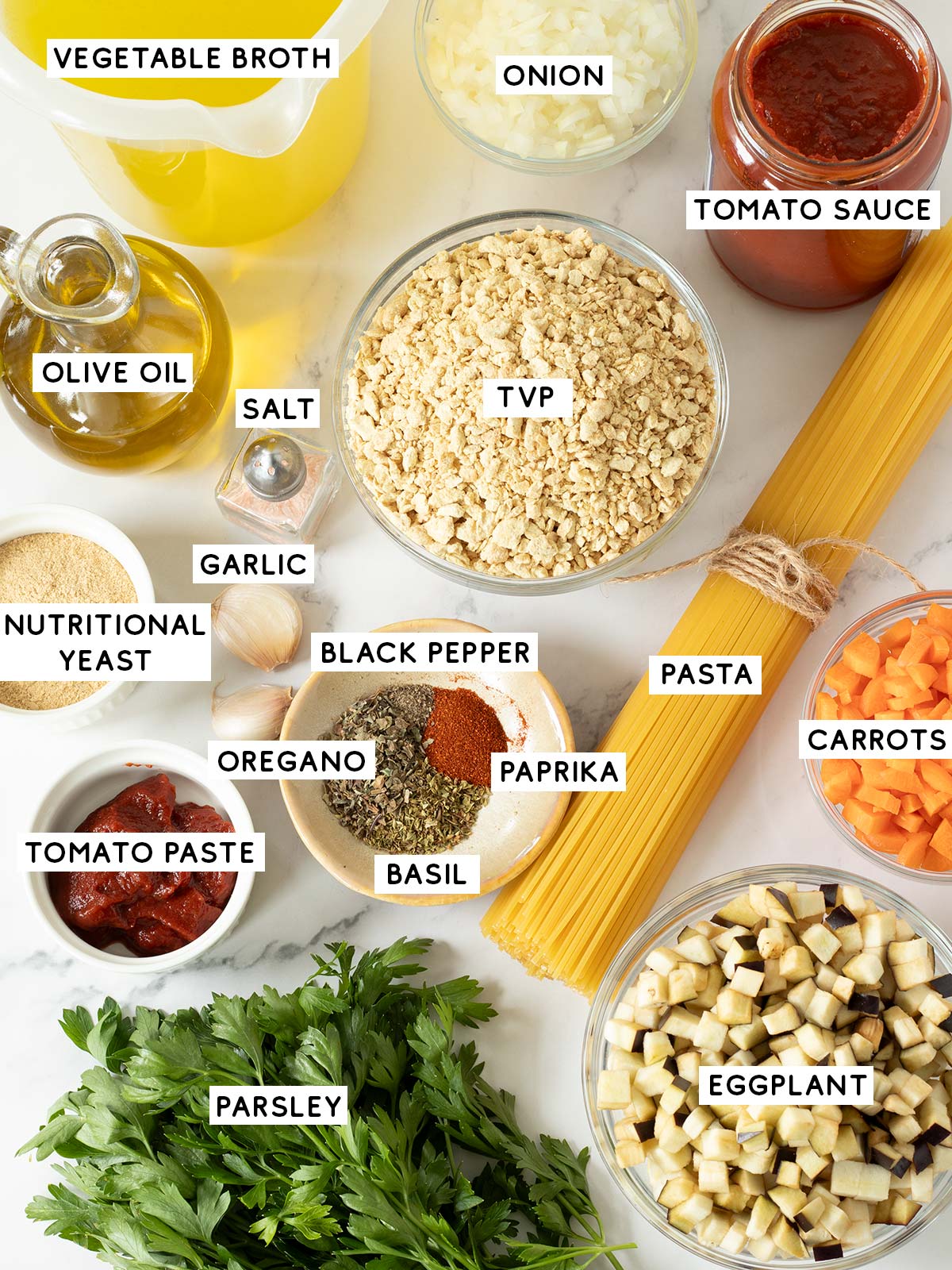 Ingredients for vegan TVP spaghetti bolognese.