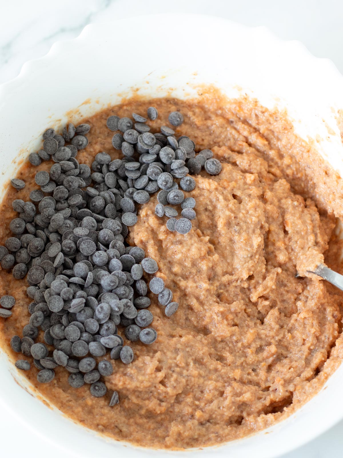 Lentil banana bread batter with chocolate chips.