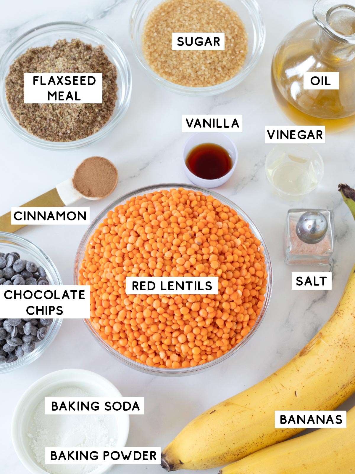 Vegan ingredients for lentil banana bread.