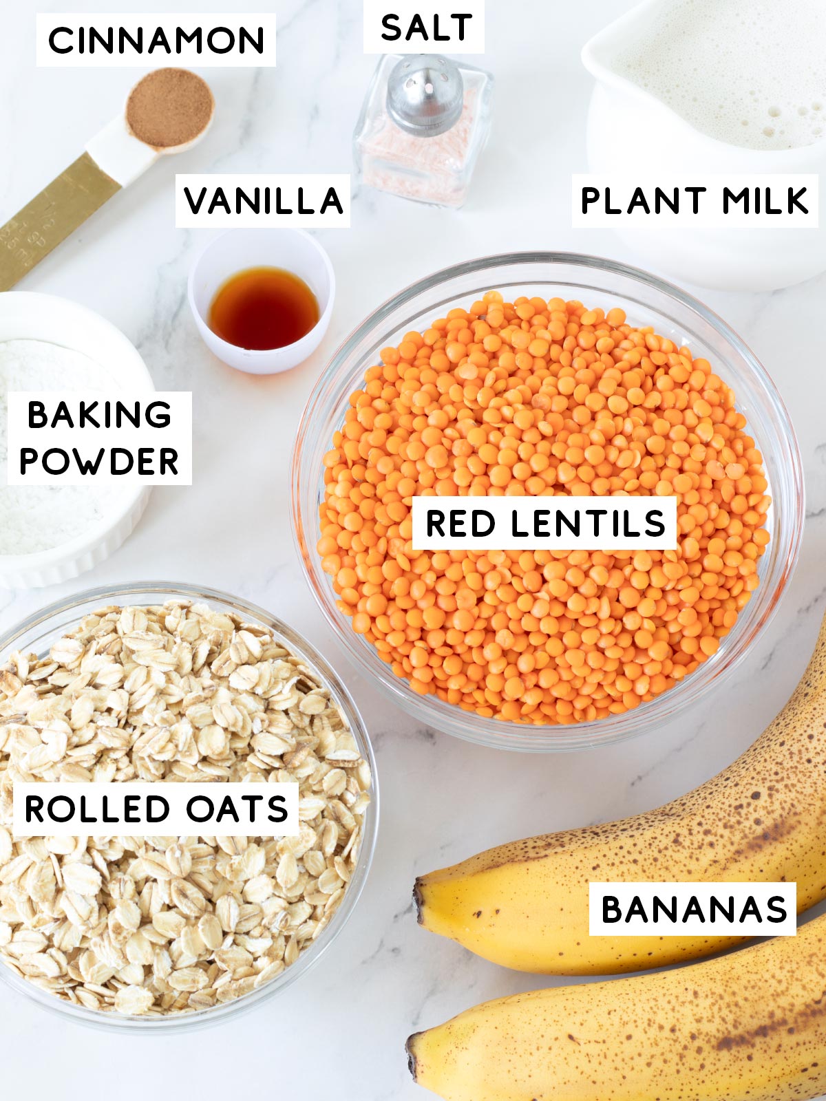 Ingredients for red lentil banana pancakes.