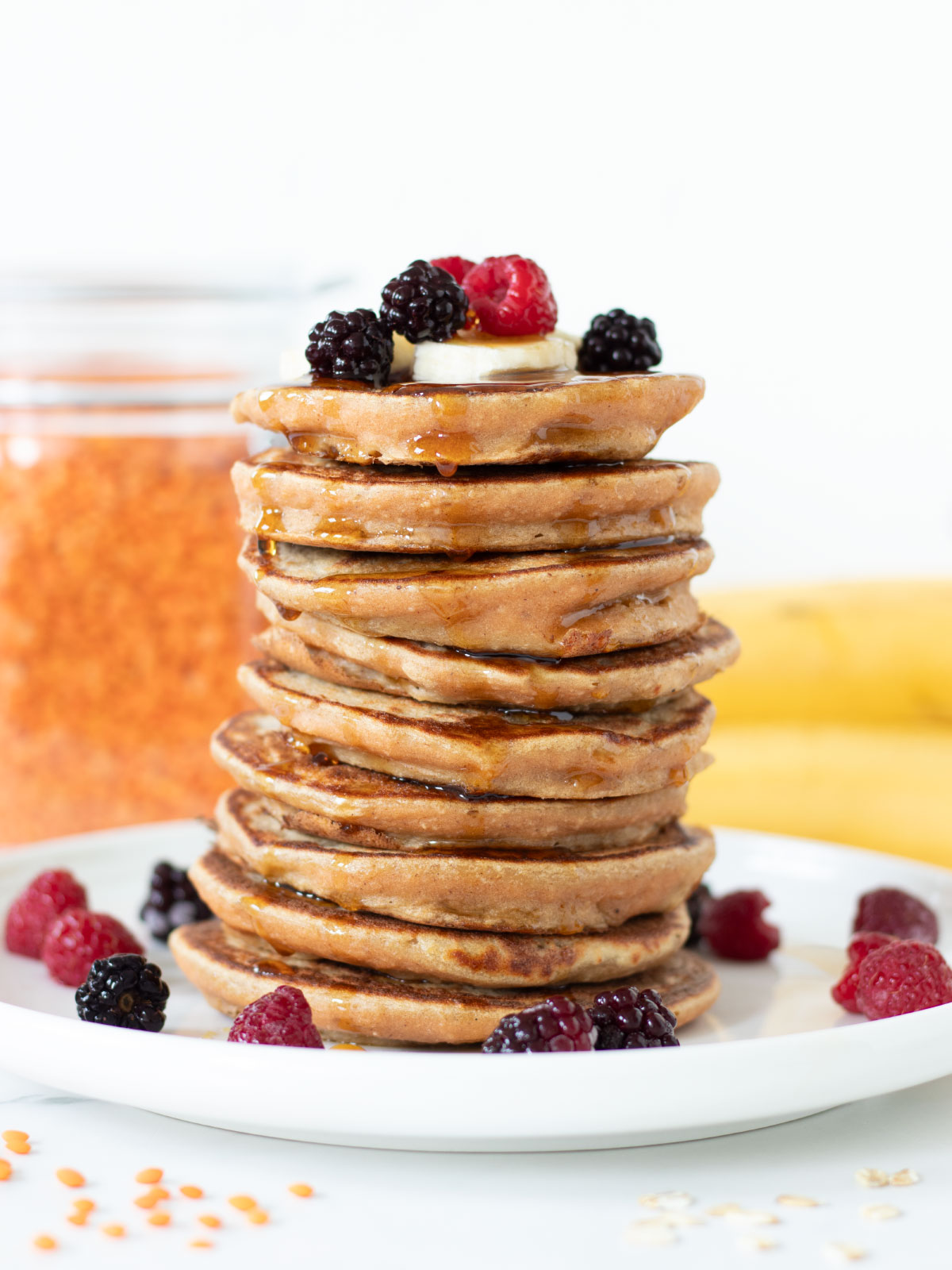 Sweet lentil banana pancakes with oatmeal.