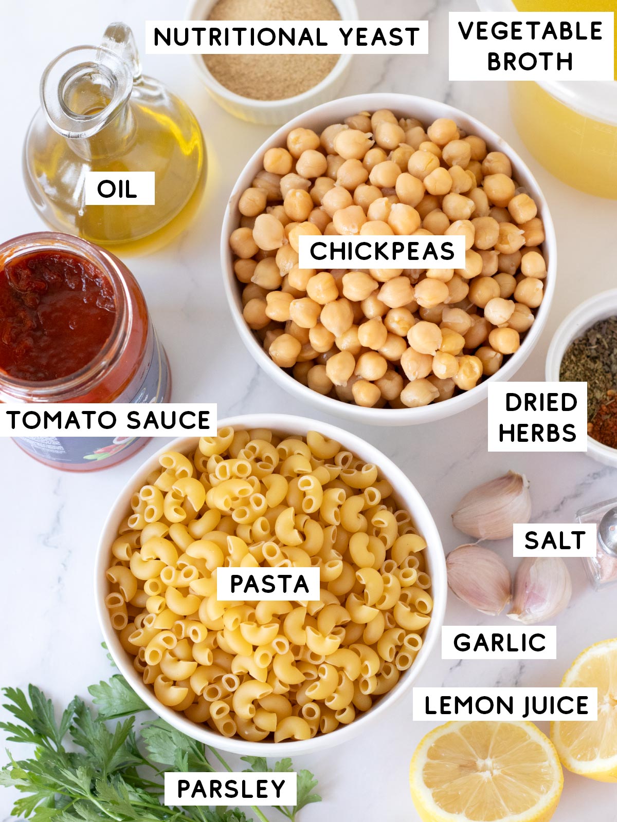 Vegan chickpea pasta ingredients.