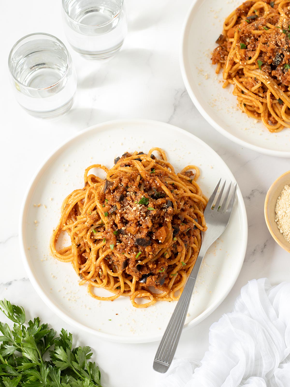 Vegan TVP spaghetti bolognese without lentils.