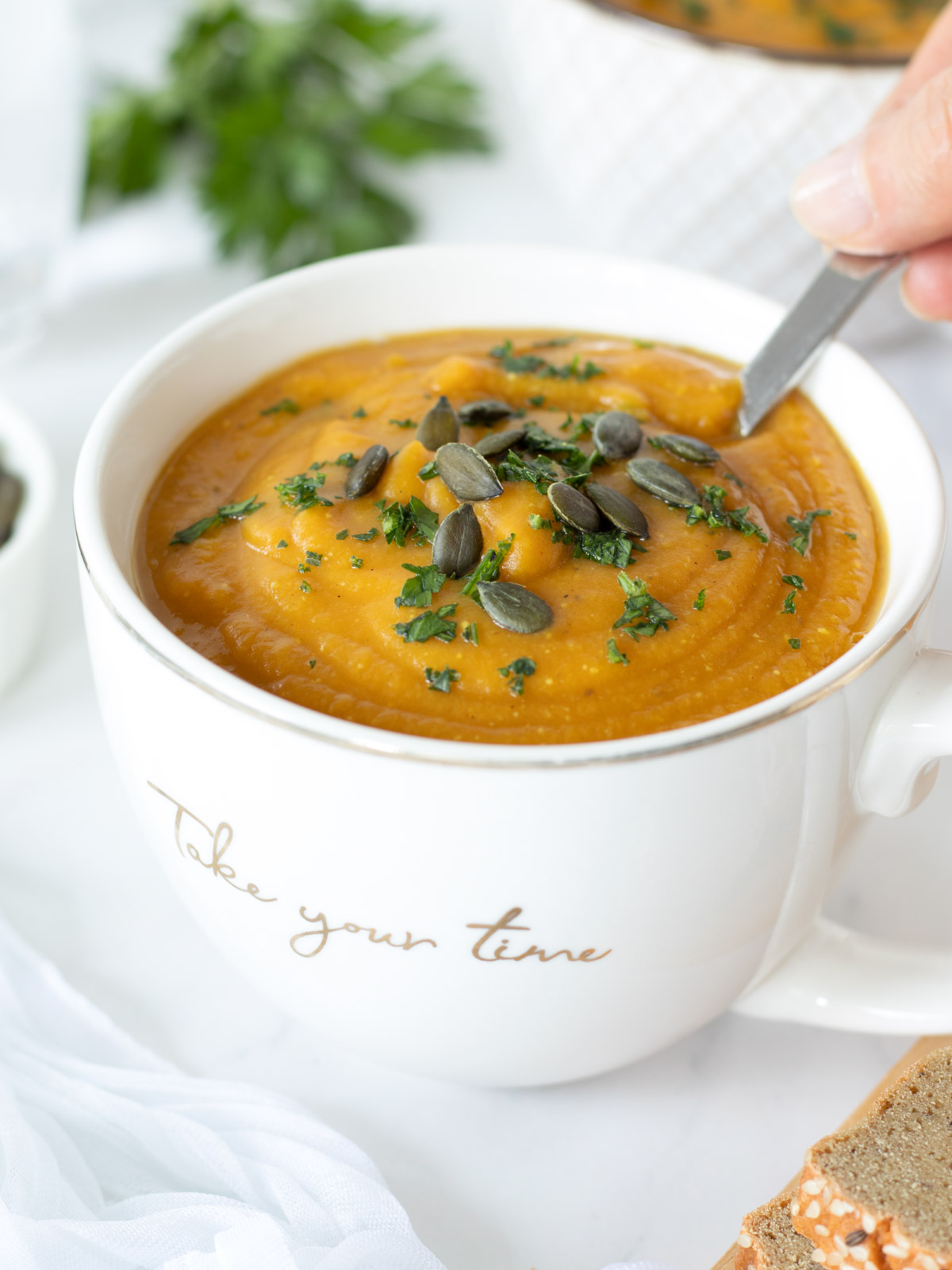 Creamy red lentil sweet potato soup (vegan).