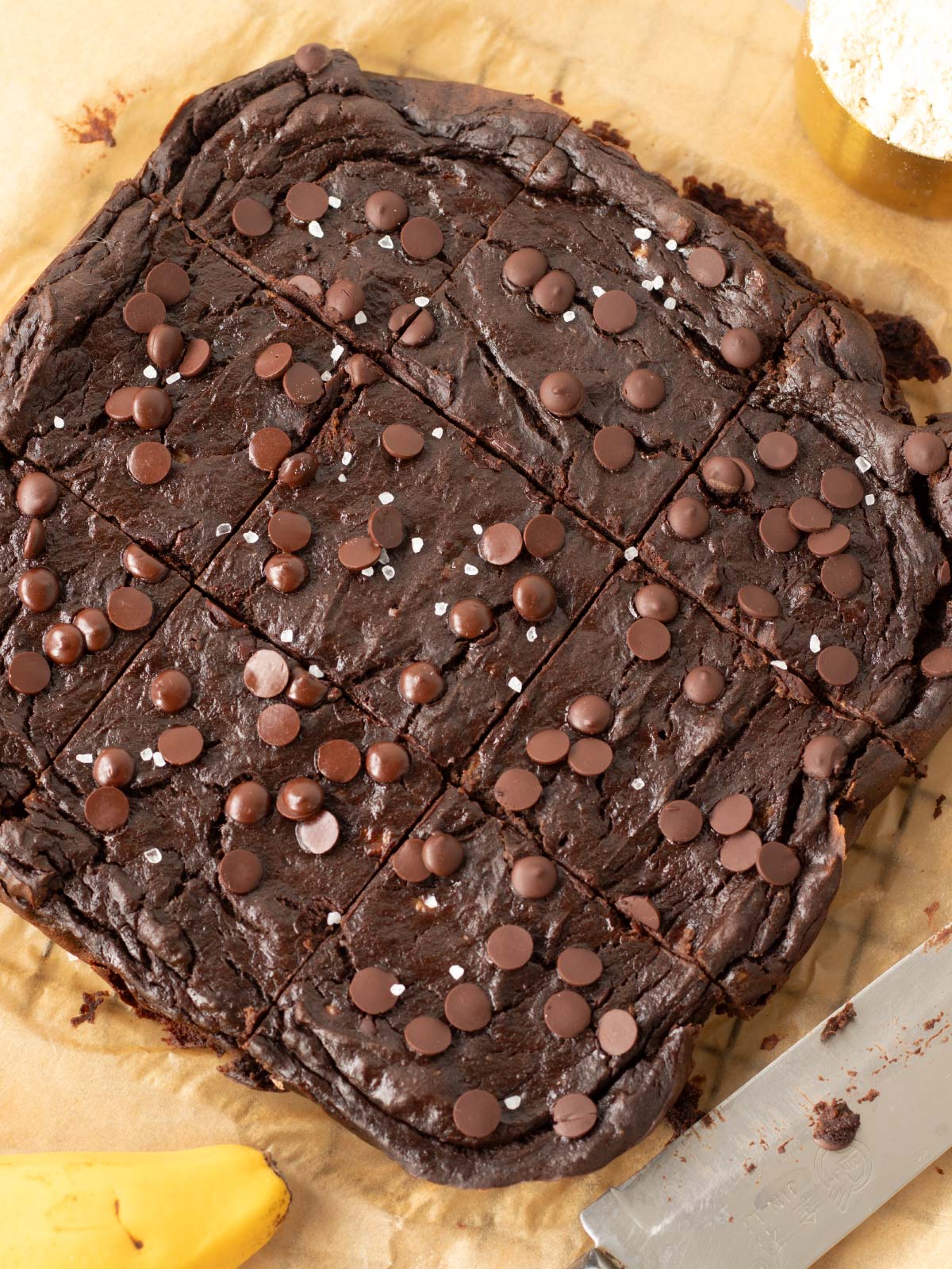 Fudgy vegan banana protein brownies.