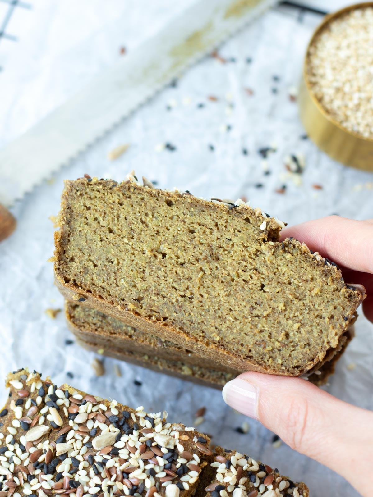 Gluten-free quinoa bread with chia seeds.