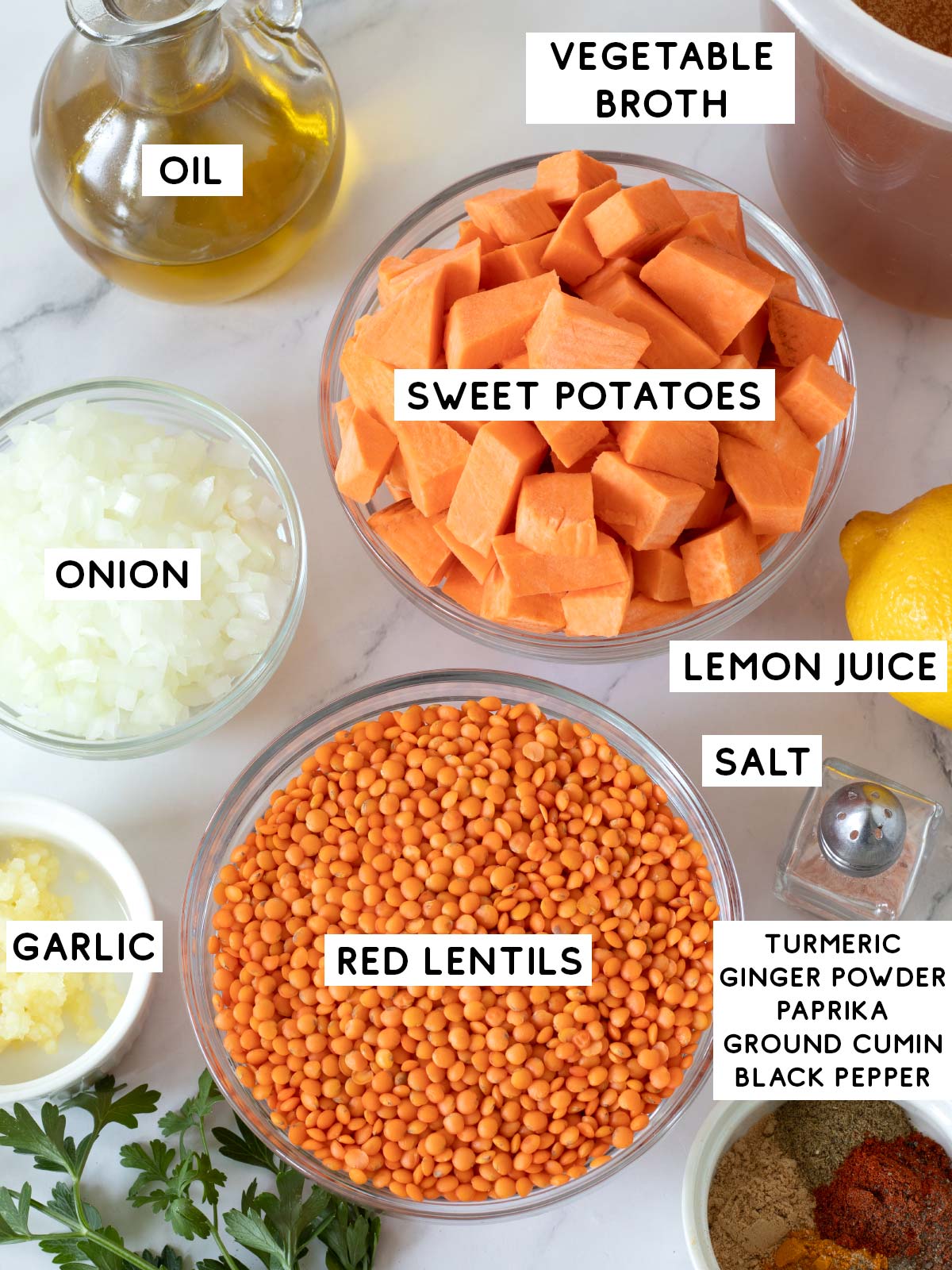 Ingredients for red lentil sweet potato soup.