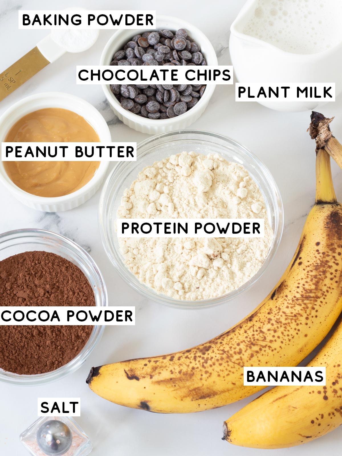 Vegan banana protein brownies ingredients.