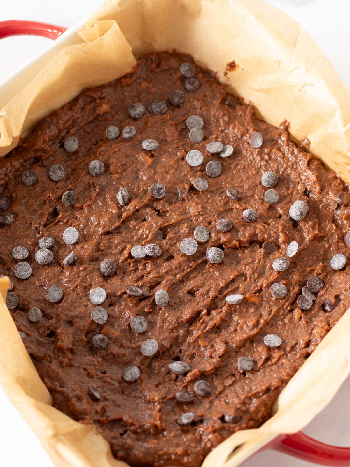 Flourless sweet potato brownies prepared for baking.