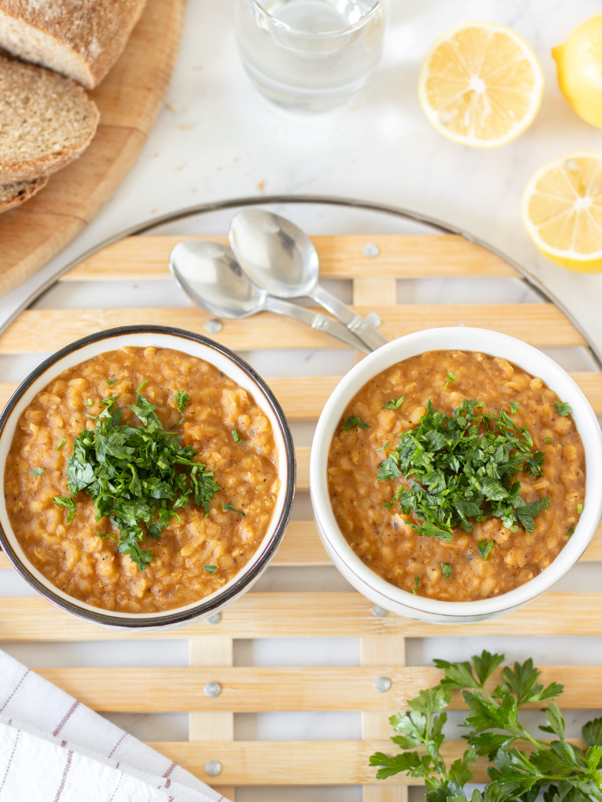 Vegan red lentil bulgur rice soup.