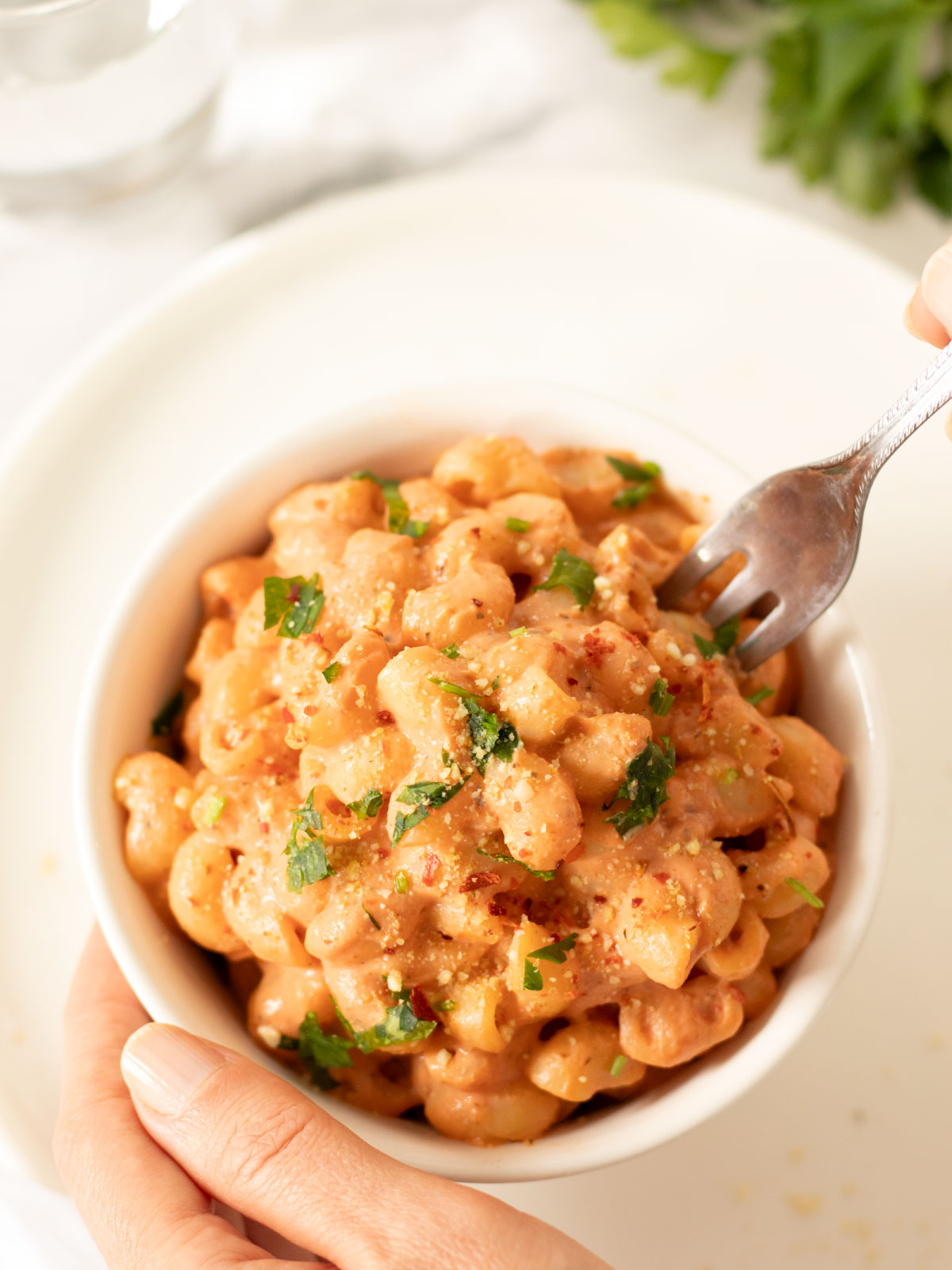 Vegan high-protein silken tofu tomato pasta.