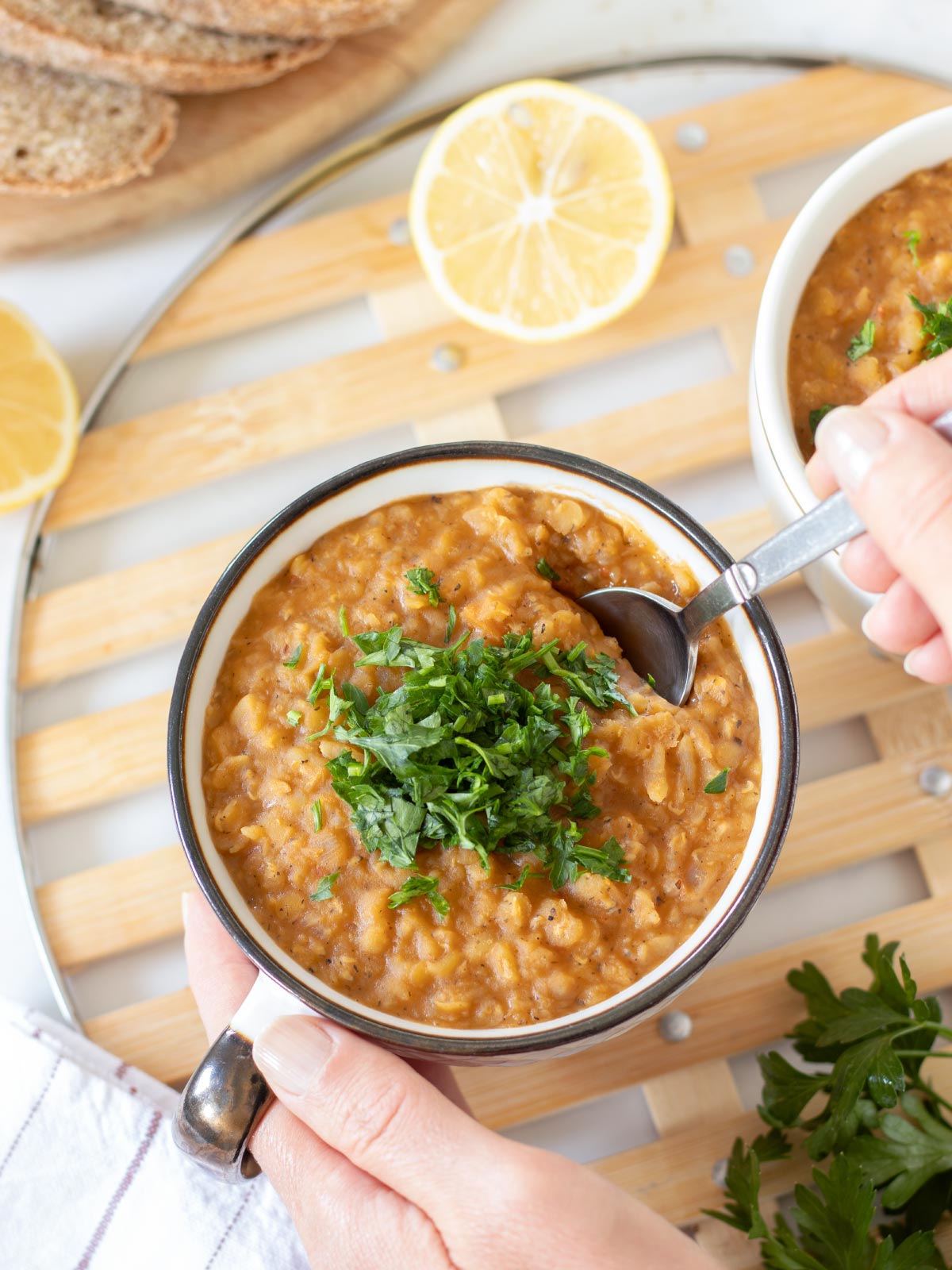 Turkish Ezogelin soup with red lentils, bulgur and rice.
